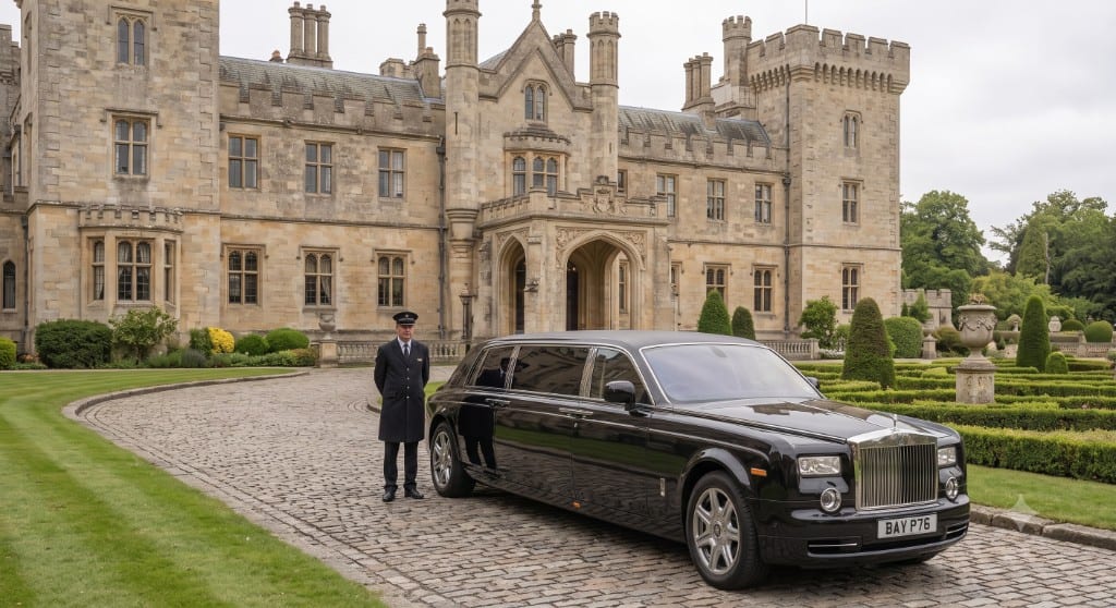 Black Rolls-Royce Phantom with a chauffeur standing beside it