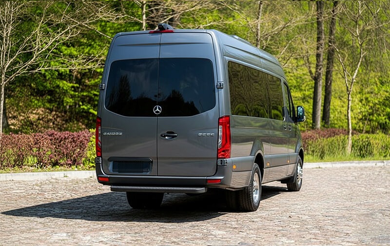 Gray Mercedes-Benz Sprinter minibus, rear three-quarter view